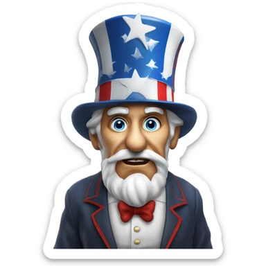 Uncle Sam with pitiful eyes holds a sign at full height waist photorealistic serious sticker