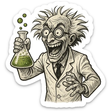 mad scientist going crazy, holding bubbling flask, wild eyes sticker