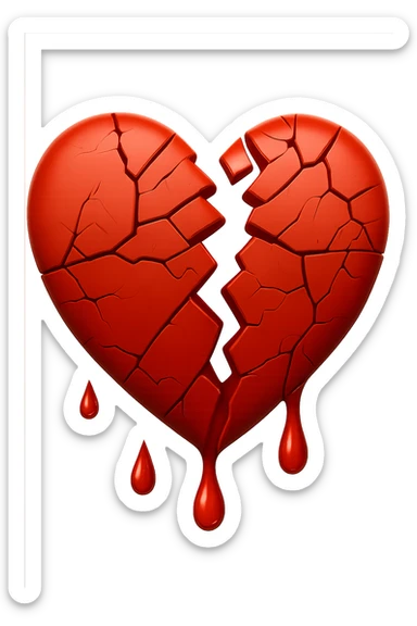 A cracked heart emoji, with visible lines and fractures running through it, symbolizing a broken heart, dripping blood, in the style of Apple emoji. sticker
