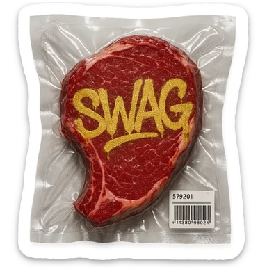steak with gold graffiti-style 'SWAG' text, glossy, vacuum-sealed style sticker