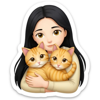 A girl with long black hair hugs a golden tabby cat sticker