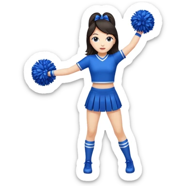 give me a full-length cheerleader with dark hair and blue pom poms sticker