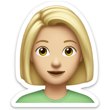 A woman with shoulder-length, blonde hair, green eyes, and fair skin. She is wearing a light-colored shirt and has a neutral to slightly smiling expression. She wears two earrings at the top of her right ear and one earring in each ear. sticker