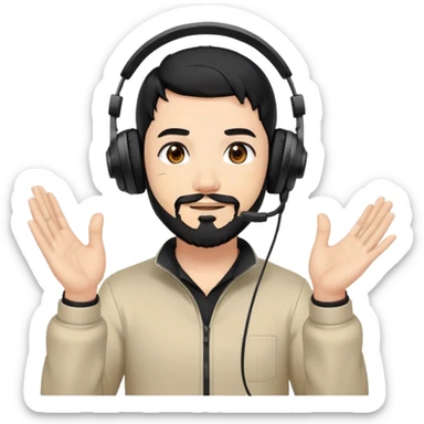 Anime style man with black hair, brown eyes, and black beard wearing gaming headset and applauding, anime art style sticker