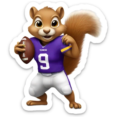 Squirrel holding football with Vikings jersey sticker