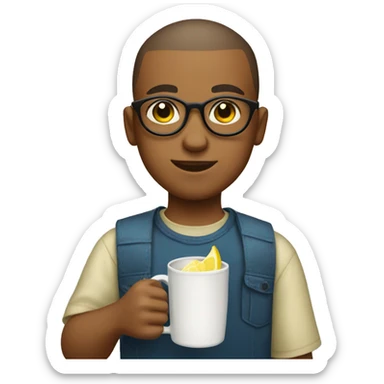 a boy with a buzzcut and round glasses holding a mug full of lemonade sticker