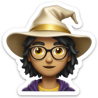 young overpowered magic shiny wizard skin tone 3 with black hair and glasses with hat frontview sticker