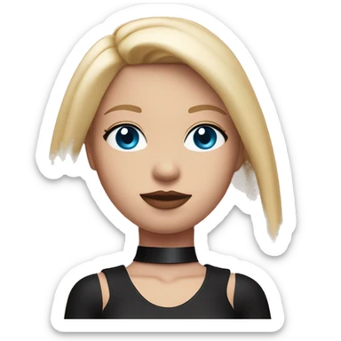 Woman with blue eyes, pink lips and long blonde straight hair. black swimsuit. black collar with metal ring around neck sticker