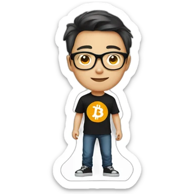 Chinese man with glasses with black t-shirt, add Bitcoin logo on His T-shirt, Make the emoji half body sticker