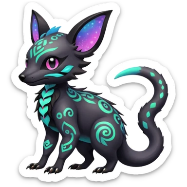 Rare neon iridescent white exotic cute epic aesthetic gothic colorful Salandit-Eevee-Civet-species-Fakemon-hybrid-creature, with intricate tattoo markings, full body sticker