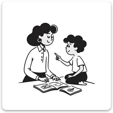 educator or speech therapist with child, who helps child with lessons sticker