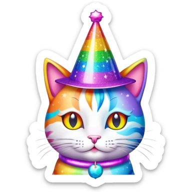 rainbow cat with sparkle party hat sticker