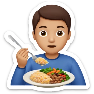 Create a person having lunch. Not a sandwich. Rice, beans, vegetables and chicken. sticker
