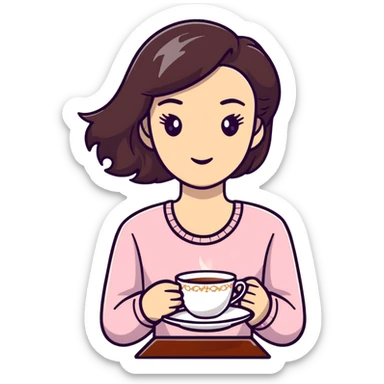 Stylish British girl with a single teacup, minimalist tea time design sticker