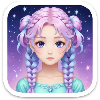 Beautiful gorgeous anime lady with beautiful iridescent-nebula-braided-hair, fashion aesthetic, ethereal, fairycore, pastelcore sticker