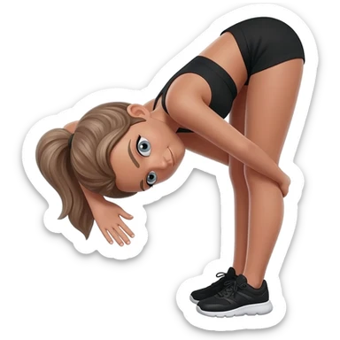 standing forward fold stretch, fair-skinned woman, light gray-blue eyes, ash brown brows, ash light brown hair tied back, slim athletic body, black workout set, black sneakers with white soles sticker