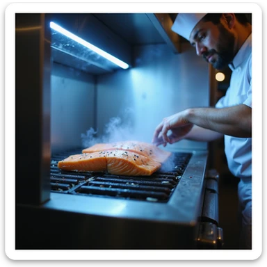 photographic 4K style image of chef in kitchen placing salmon fillets on a grill inside a blast chiller, with cold vapor and blue lights sticker