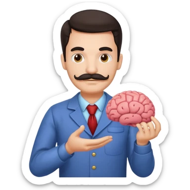 mustachioed man with dark hair holding a brain as an emoji different mustache  sticker