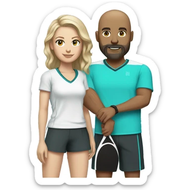 White couple, 35 yro, in pickleball clothes. Male bald= aqua eyes, beard, white, bald, and aqua eyes. Female = long light brown hair, aqua eyes.  sticker