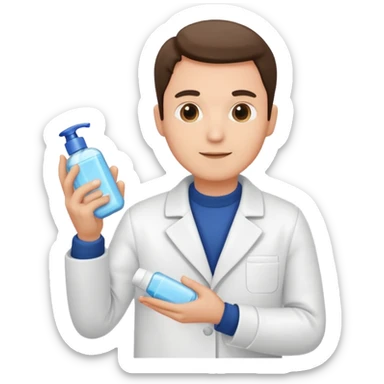 man with white coat holding skincare products sticker