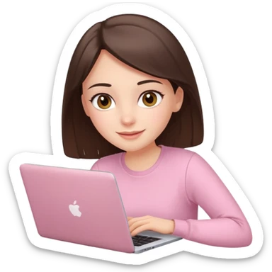 happy white brunette girl with hazel eyes in light pink using laptop sticker