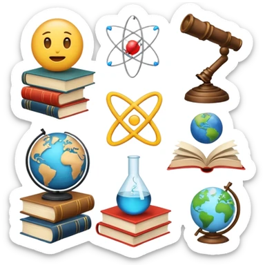 emoji representing 'y no solo teología' with various books and symbols of science and art sticker