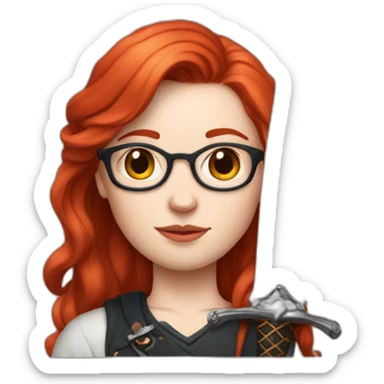 very pale girl with glasses and earrings and straight middle length red hair and sword earrings and heart tatoo sticker