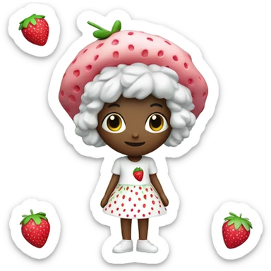 
The figurine has a strawberry-themed headpiece with pink color, black seed dots, and a green leafy top. It wears a white shirt with "Love Sweets" text and a small strawberry  sticker