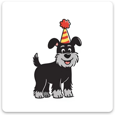 A schnauzer dog wearing a colorful birthday hat sticker