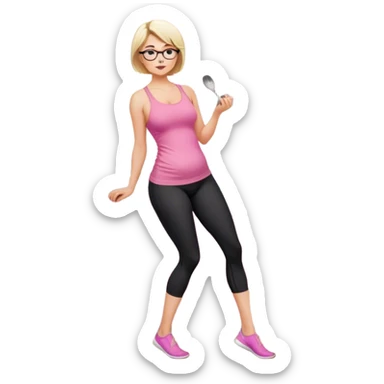 Render from knees up, view from the side, fair skinned woman, curvy, short blond hair, small reading glasses, cooking dinner in kitchen, pink loose tank top, showing natural B cup breast shape SFW, black yoga pants, large curvy booty sticker