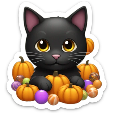 black halloween cat with a pumpkin full of candies sticker