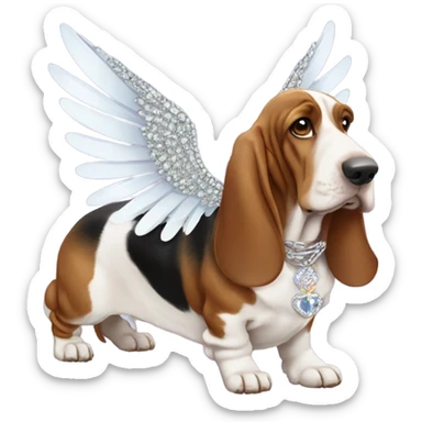 Elderly Basset hound with angel wings, wearing a large letter D bling necklace sat amongst flowers  sticker