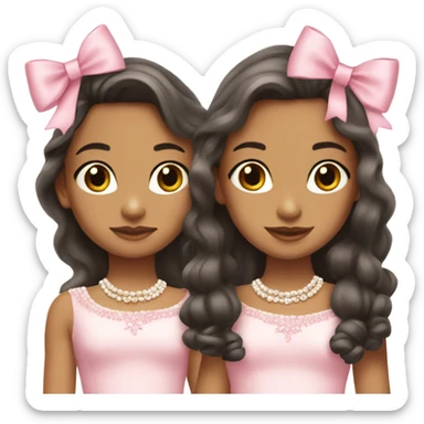 two teenage Latina twins. pink. Long hair. Pink bows. Pearls. Light pink. Diamonds dress. sticker