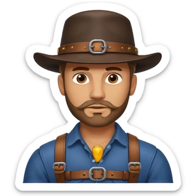 a leather Dom with a leather hat and chest harness sticker