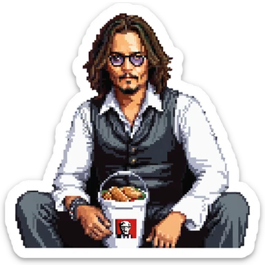Johnny Depp sitting in a KFC bucket, long hair, goatee sticker