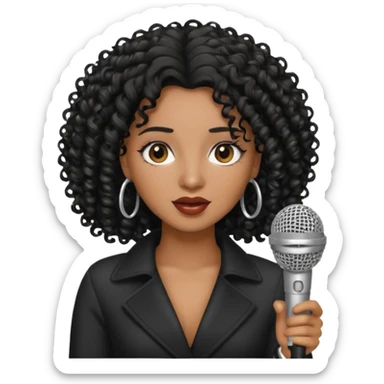brown skin woman, curly black hair, singer, hold micro sticker