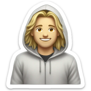 a pale guy with medium long hair wearing a "toxic" hoodie while smiling, from chest to head sticker