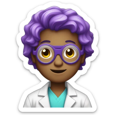 A young boy with a lab coat and blue undershirt with purple hair and goggles in the style of the mad scientist sticker