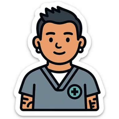 Dr. Efrén Rivera Santiago, a professional and warm doctor with neatly styled short spiked hair, wearing gray scrubs over a white undershirt. He has a calm, reassuring expression with small almond-shaped eyes and a round face. His visible arm tattoos and hook earrings add a touch of individuality. The image should reflect his kind and sharp demeanor. sticker