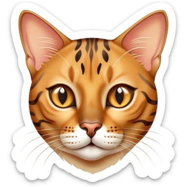 Cinematic Bengal Cat Portrait Emoji, Elegant and striking, sleek spotted brown and gold tones, Simplified yet sharp features, highly detailed, glowing with a warm, confident glow, high shine, playful and curious, stylized with an air of grace, focused and attentive, soft glowing outline, capturing the essence of agility and confidence, so lifelike it feels as though it could spring into motion at any moment! sticker