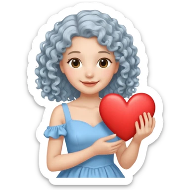 silvery curly/wavy shoulder-length hair smiling lady holding a heart less hair sticker