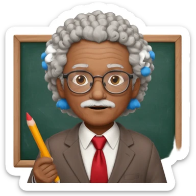 old man teacher, brown skin, curly grey white hai, wearing glasses, brown suit, red tie hold chalk on hand sticker