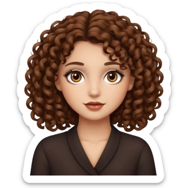 pretty girl with curly brown hair, brown eyes, and makeup sticker