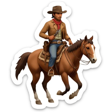 An icon representing an adventure game, inspired by Red Dead Redemption II. The design features a rugged cowboy riding a horse through a vast, open landscape with mountains, deserts, and wild animals. The atmosphere conveys exploration, action, and the thrill of the journey. Transparent background sticker