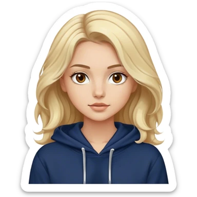 Luxury blonde model, brown eyes, soft sleek wavy hair, wearing a navy hoodie sticker