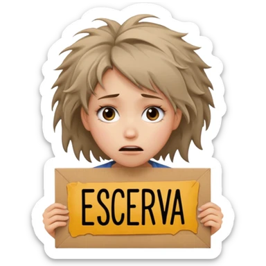 Sad realistic emoji of a young woman with messy hair, holding a cardboard sign that says "ESCREVA-SE", emotional begging expression, cinematic lighting, shallow depth of field, soft blurred background, high detail, viral social media style sticker