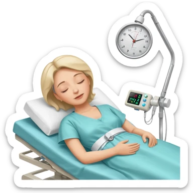 A woman in her 50s lying on an examination bed with eyes closed, shown in a wide, full-body view in a clean colonoscopy procedure room. Only the patient is visible. sticker