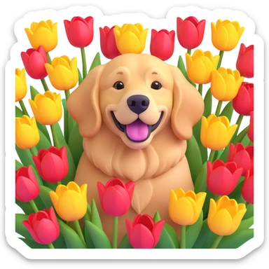 golden retriever surrounded by tulips sticker