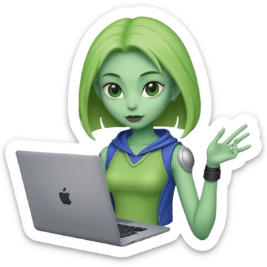 lady alien with only gaming laptop. negative : headphones. sticker