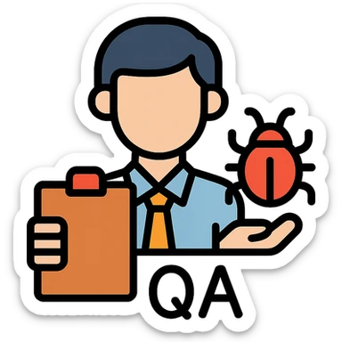 professional QA engineer character holding a clipboard and a bug icon sticker